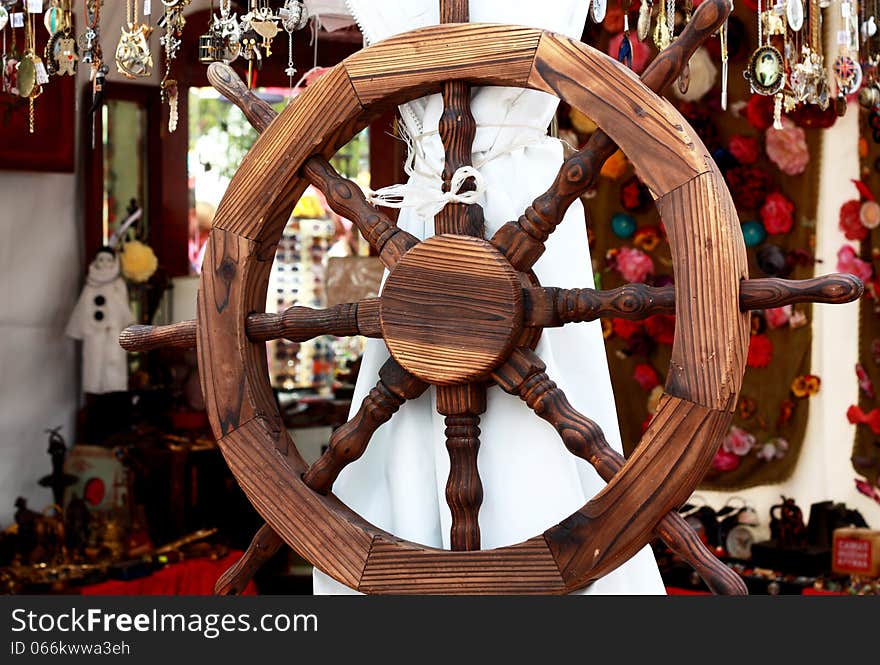 Fake wheel at the entrance to the gift shop