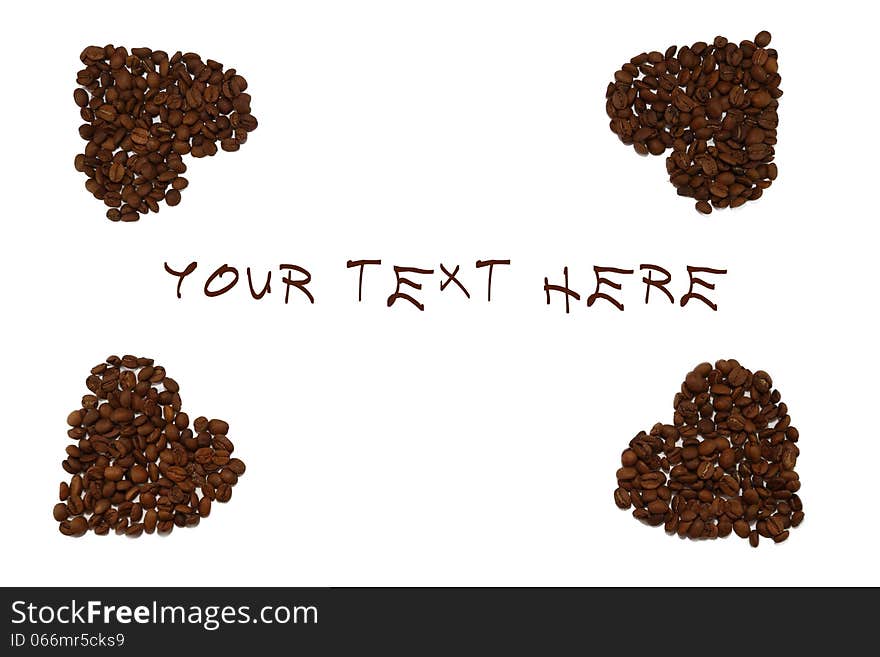 Background with hearts from coffee beans isolated on a white background