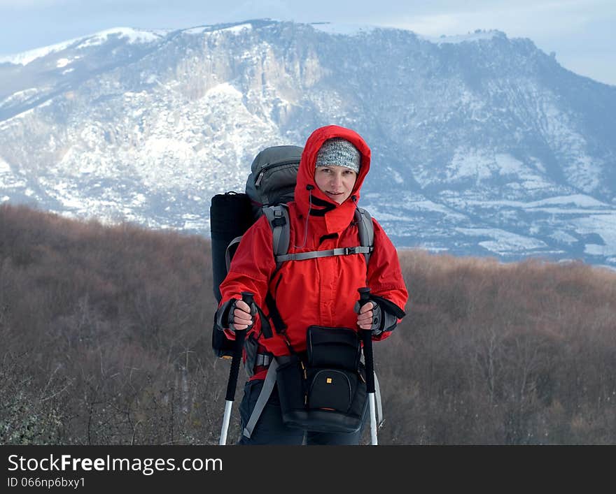 Crimean hiking. Winter day. The sun on a cloudy day. Crimean hiking. Winter day. The sun on a cloudy day