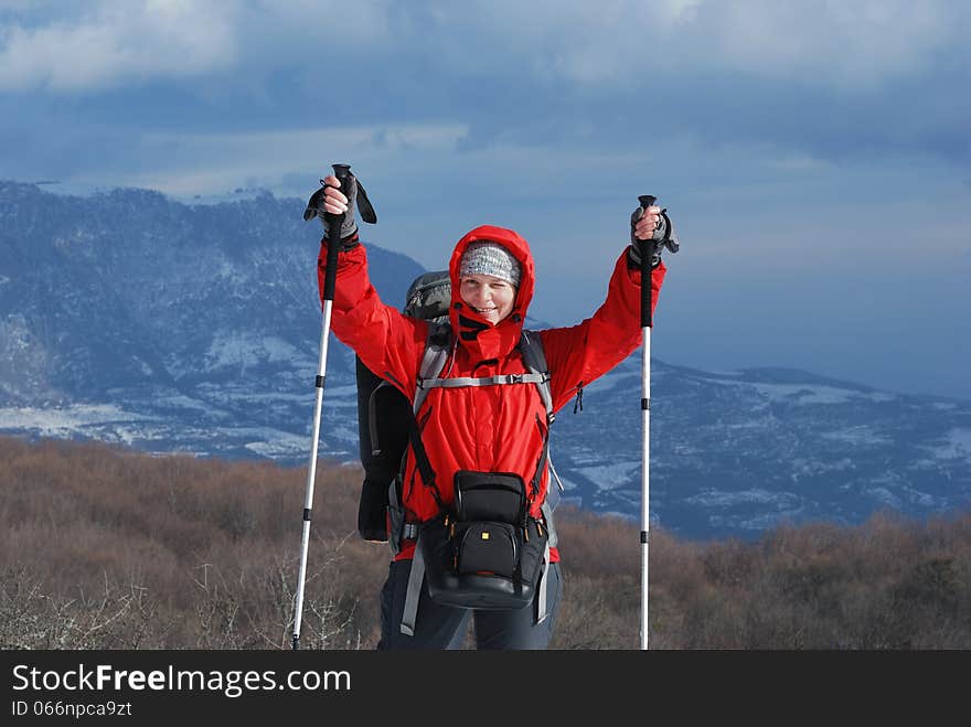 Crimean hiking. Winter day. The sun on a cloudy day. Crimean hiking. Winter day. The sun on a cloudy day