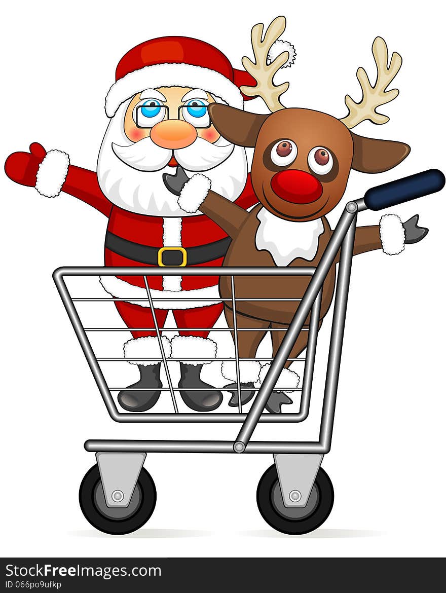 Smiling reindeer and Santa Claus standing in shopping cart. Smiling reindeer and Santa Claus standing in shopping cart