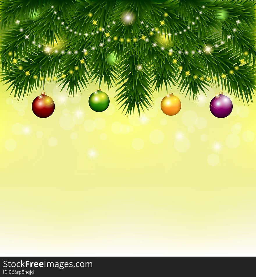 Branches of spruce with balls on light yellow background. Vector illustration. Branches of spruce with balls on light yellow background. Vector illustration.