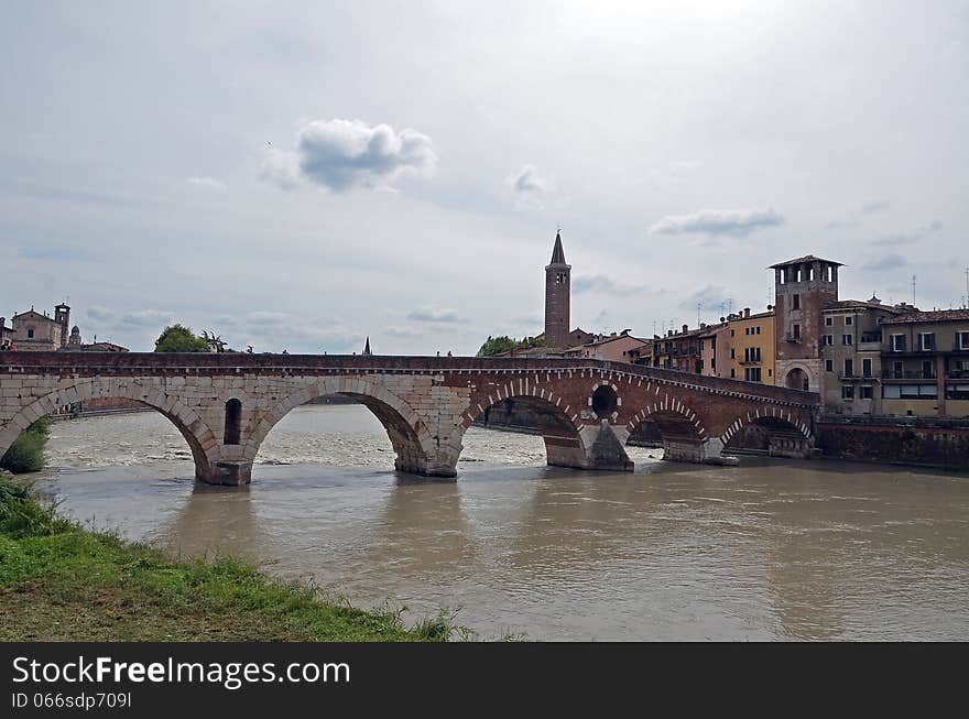 Verona historic center cityscape with bridge