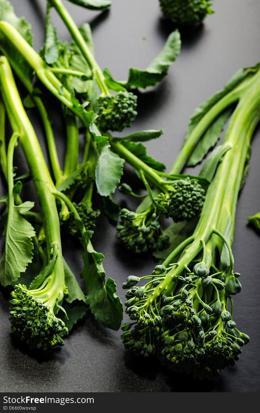 Sprouting broccoli variety on black glossy background