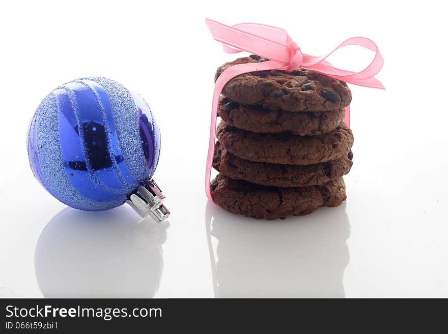 Chocolate Cookies & Christmas Balls over white