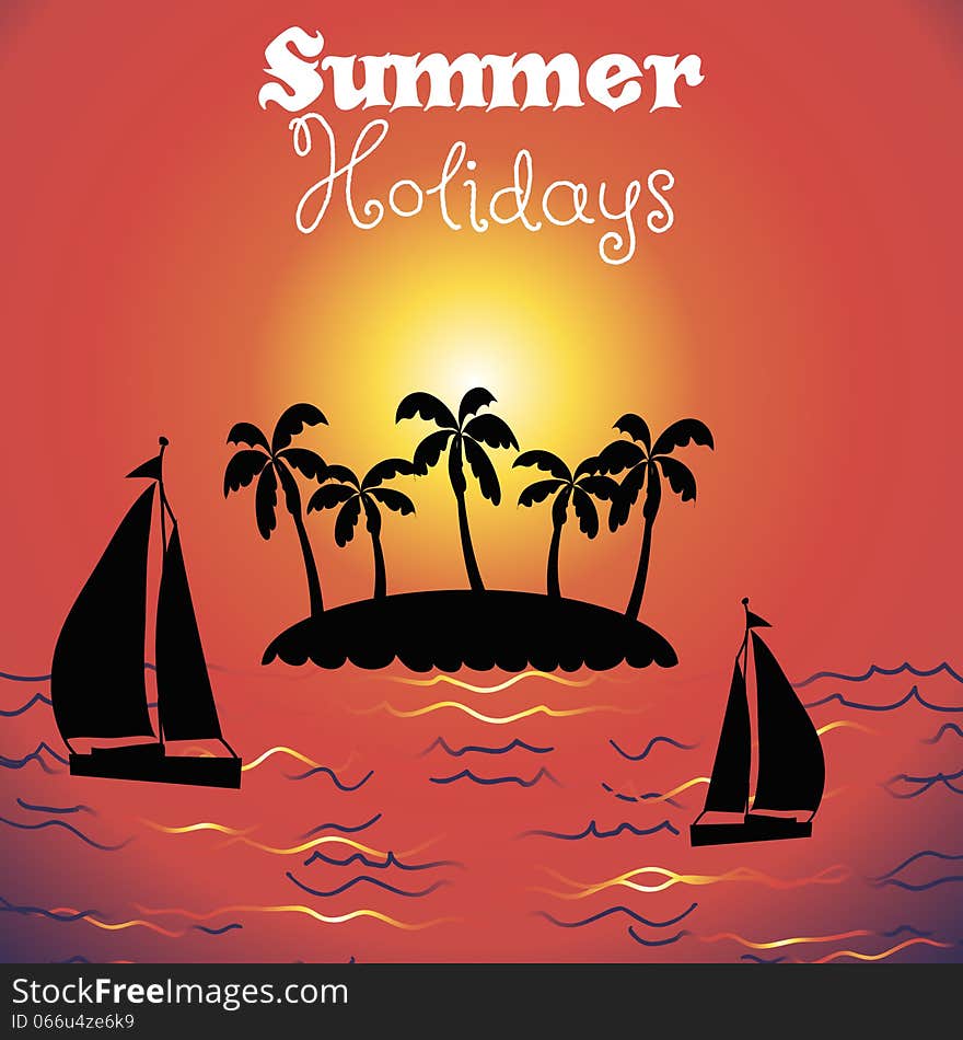 Summer background with yacht and palm