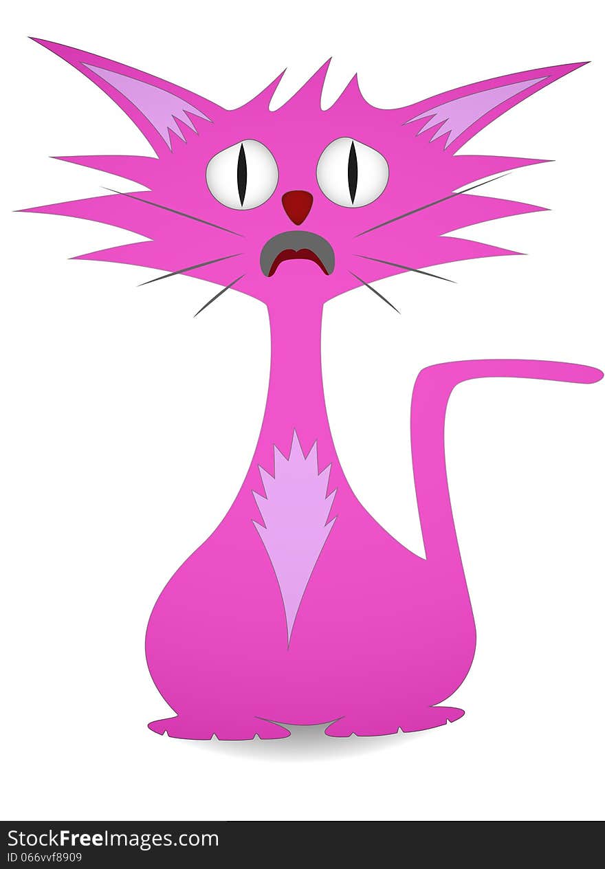 Frightened cartoon cat illustration in pink. Frightened cartoon cat illustration in pink