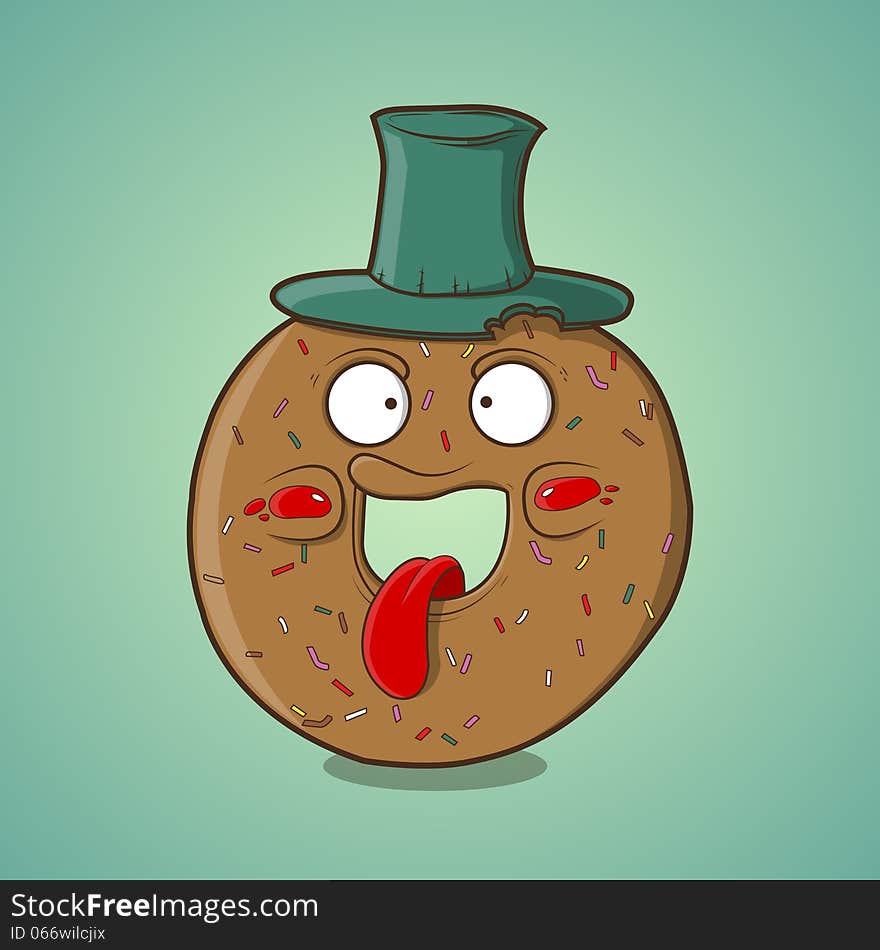 Cartoon donut play the ape with green hat. Vector Illustration