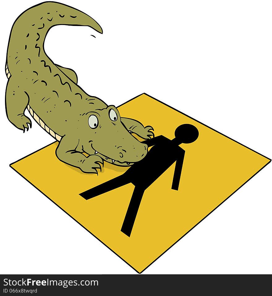 Crocodile cartoon on a sign with human icon. Crocodile cartoon on a sign with human icon