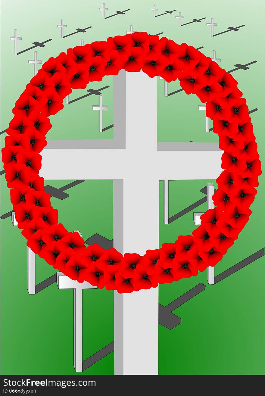 A poppy wreath over a background of shadowed crosses on a graduated green ground. A poppy wreath over a background of shadowed crosses on a graduated green ground