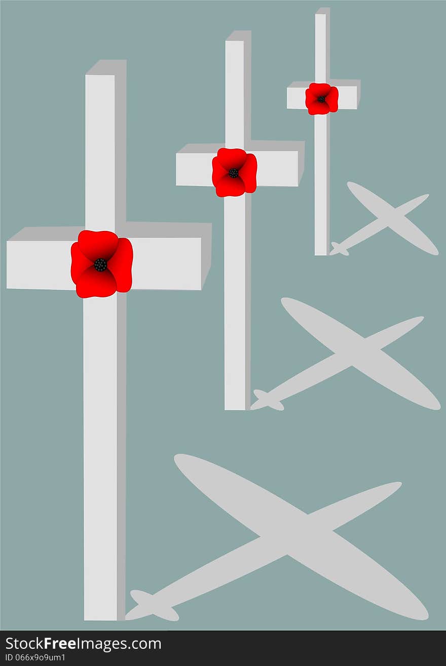 White crosses on a pale blue background with a poppy on each cross and aeroplanes for shadows. White crosses on a pale blue background with a poppy on each cross and aeroplanes for shadows