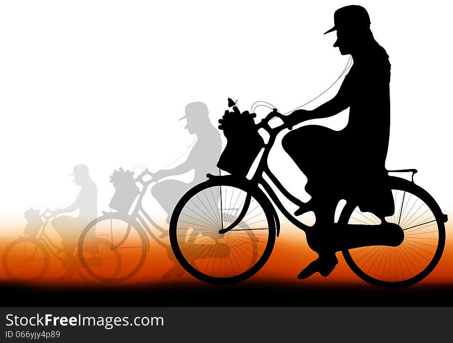 Woman cyclist relaxing at sunset., Variable in Vector file. Woman cyclist relaxing at sunset., Variable in Vector file