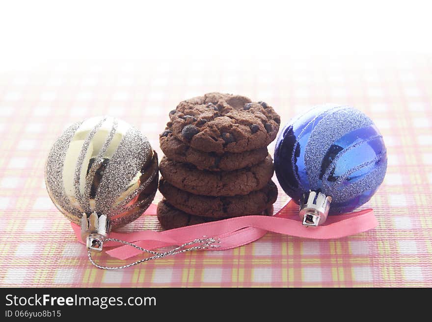 Chocolate Cookies & Christmas Balls over white