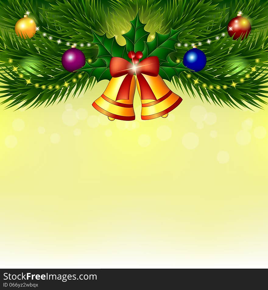 Background With Christmas Tree, Bells And Balls