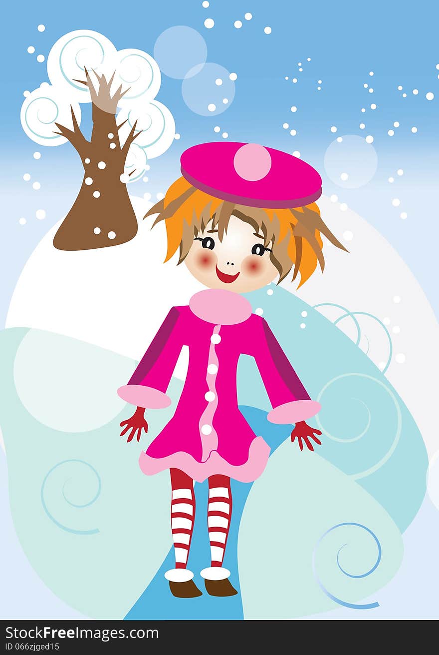 Vector graphic image with the funny little girl in pink suit walking in a winter forest. Vector graphic image with the funny little girl in pink suit walking in a winter forest