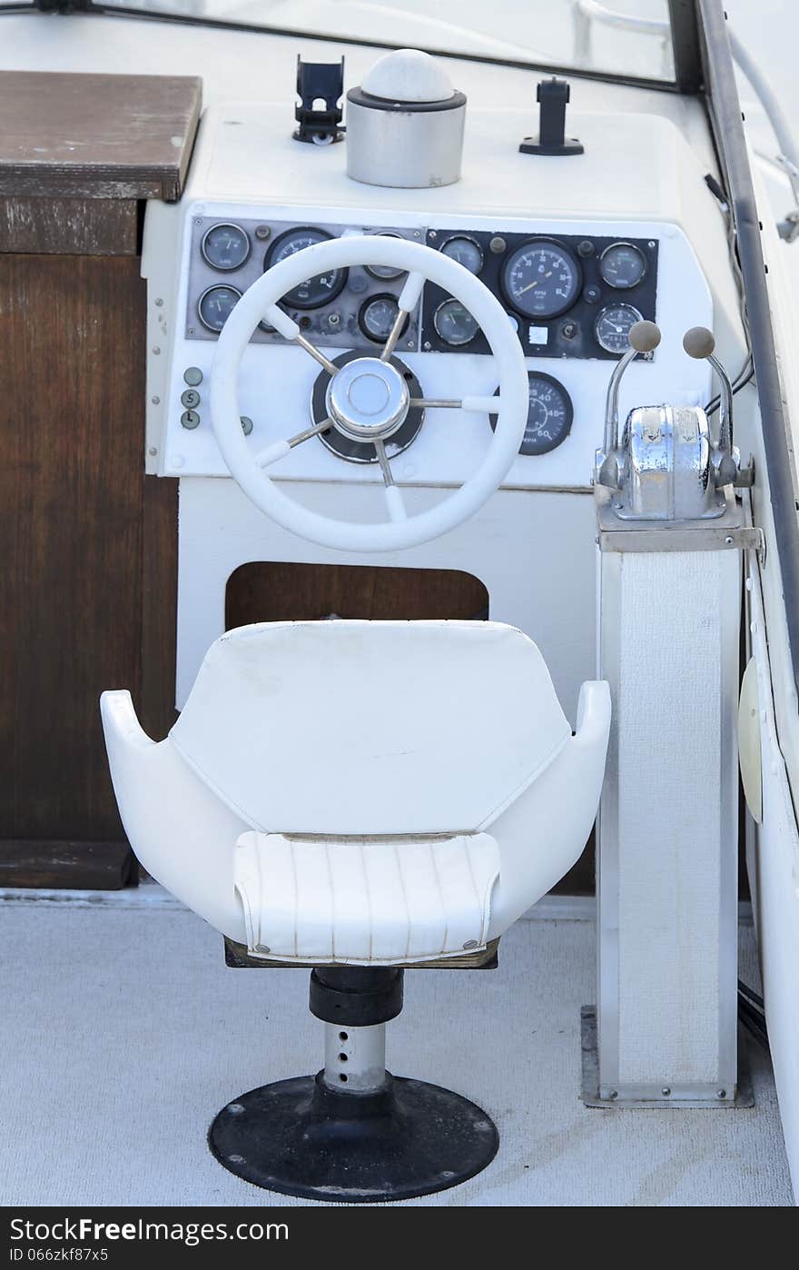 Dashboard and steering of a motor-cruiser. Dashboard and steering of a motor-cruiser.