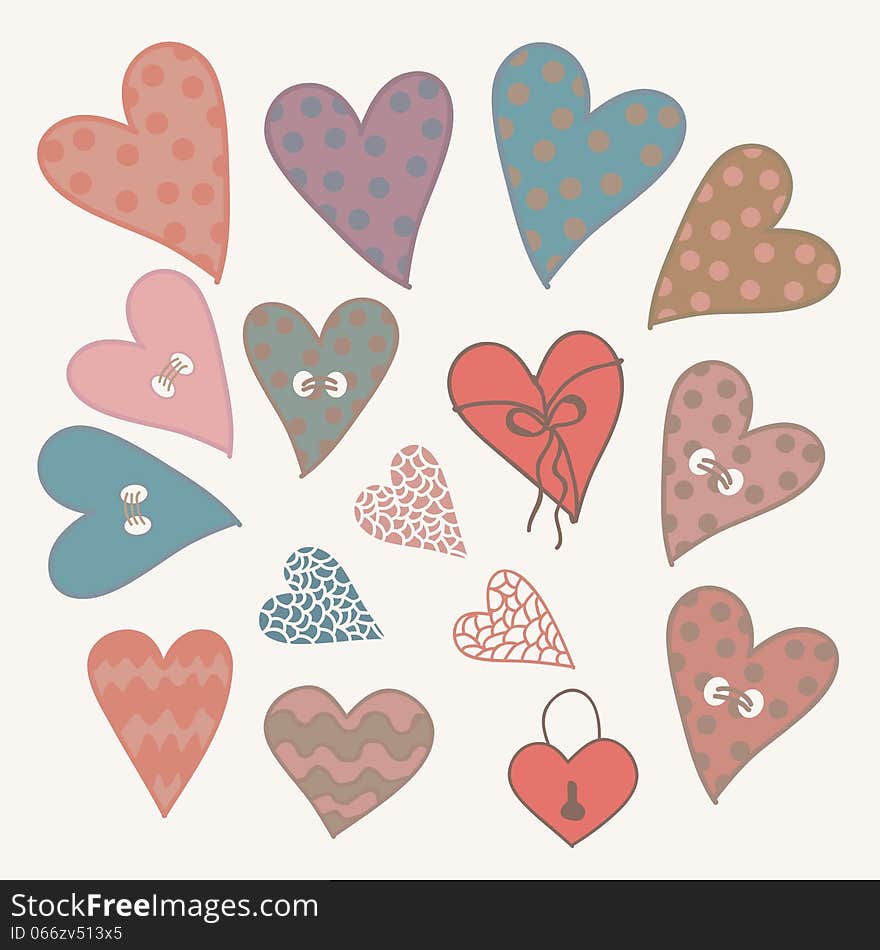 Cartoon hand drawn hearts icons set for design. Cartoon hand drawn hearts icons set for design.