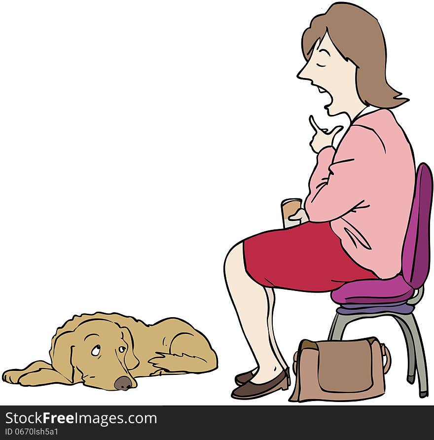 Seated woman talking to a disinterested dog. Seated woman talking to a disinterested dog