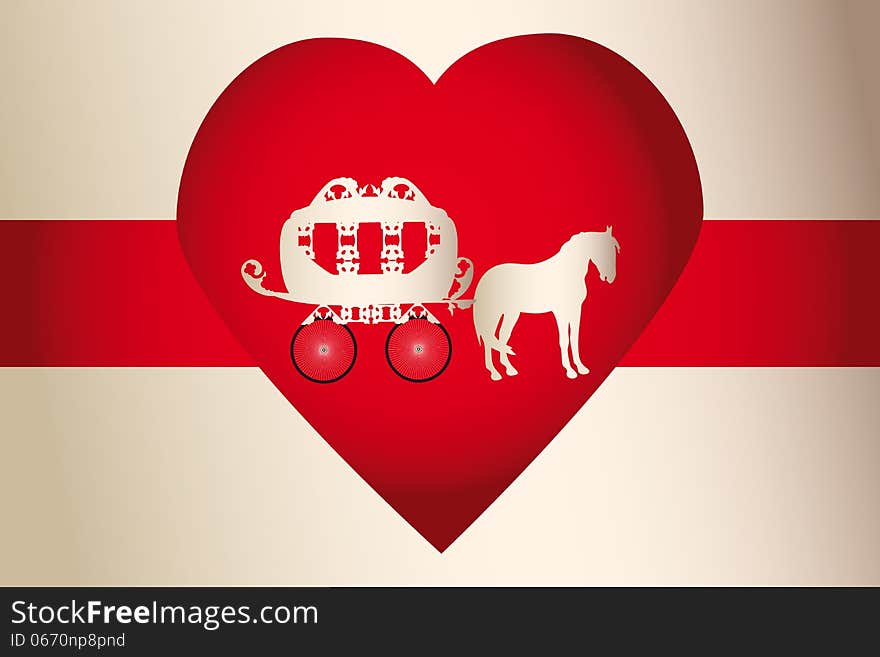 Illustration of golden horse carriage for wedding in red heart - eps 10 vectors