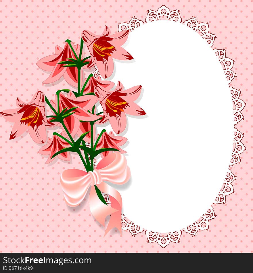 Lace frame decorated with a bouquet of flowers with a bow on a pink background with polka dots. Vector illustration. Lace frame decorated with a bouquet of flowers with a bow on a pink background with polka dots. Vector illustration.