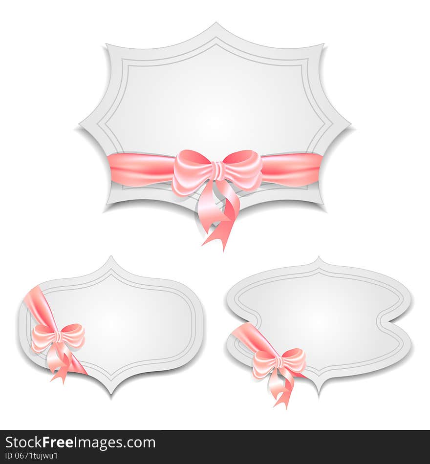 Set of greeting cards vignettes tied with satin ribbon with a bow. Vector illustration. Set of greeting cards vignettes tied with satin ribbon with a bow. Vector illustration.