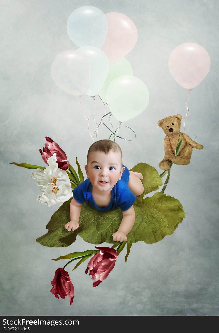 The kid in the clouds, surrounded by flowers and balloons. The kid in the clouds, surrounded by flowers and balloons