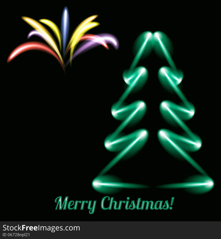 Christmas background. Stylized neon tree and fireworks. Vector illustration.