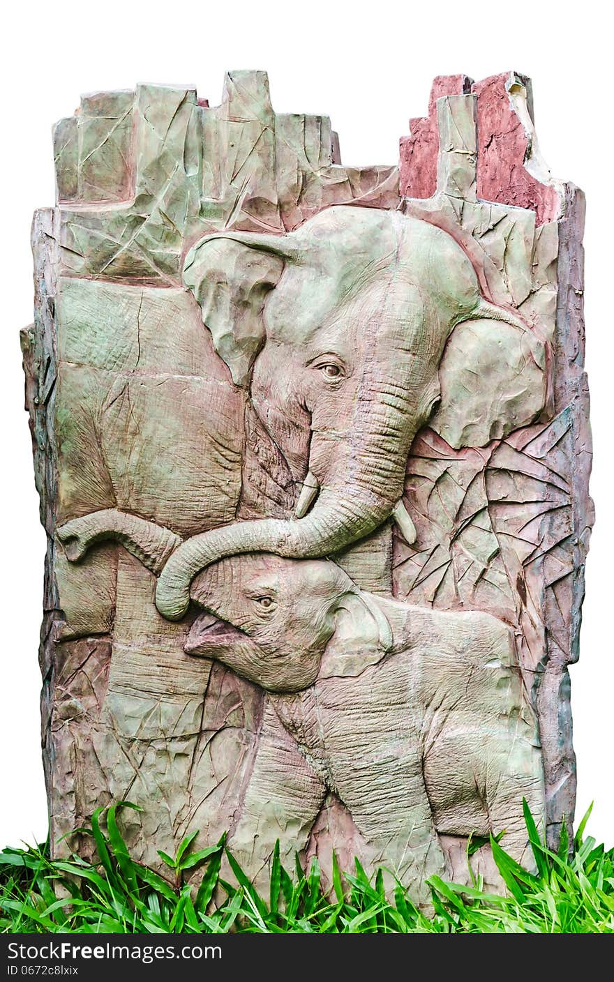 Stucco of two elephants decorate in the garden isolated