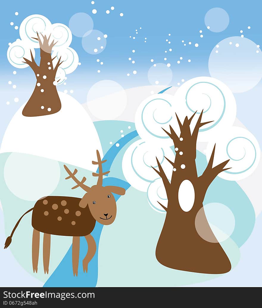 Vector graphic image with the funny deer walking in a winter forest. Vector graphic image with the funny deer walking in a winter forest