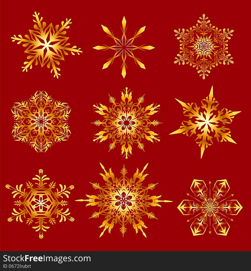 Golden snowflakes on a red background. decorative ornament.