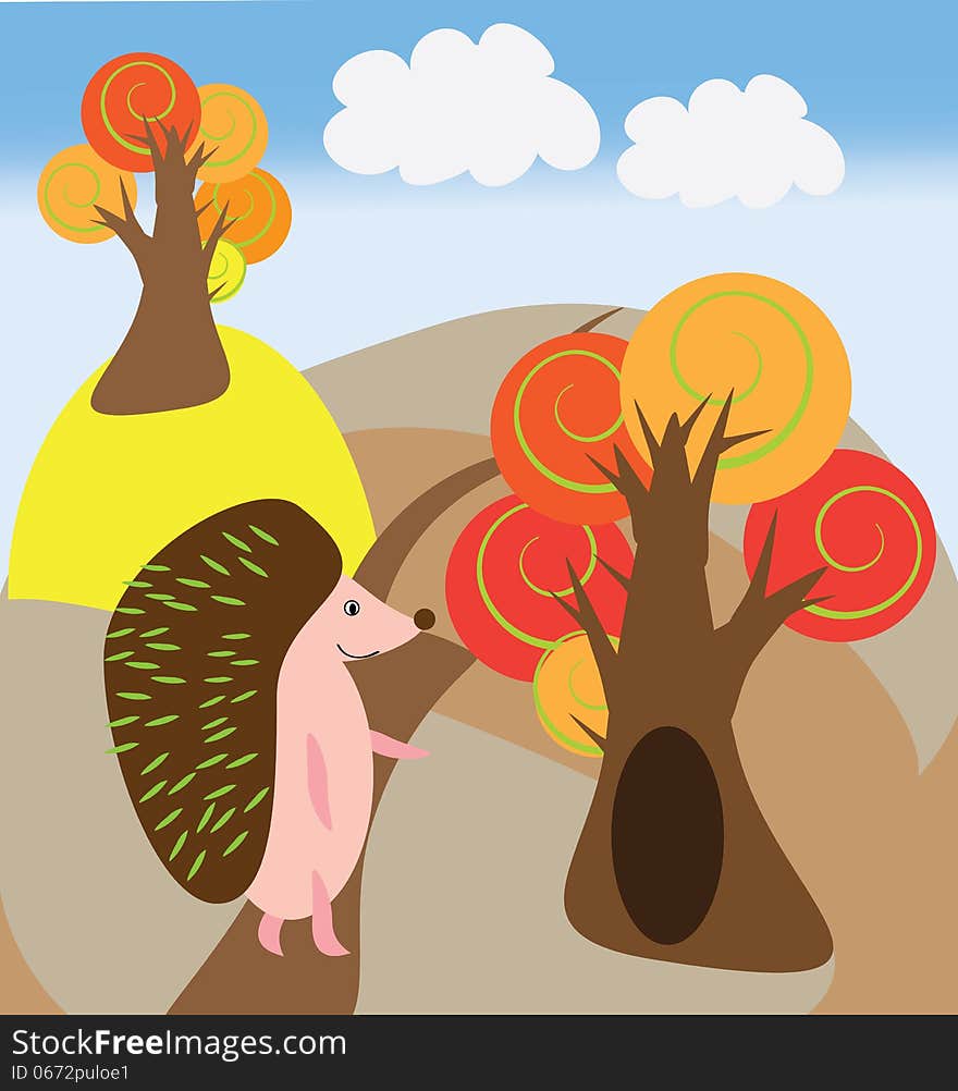 Vector graphic image with a funny hedgehog walking in autumn forest