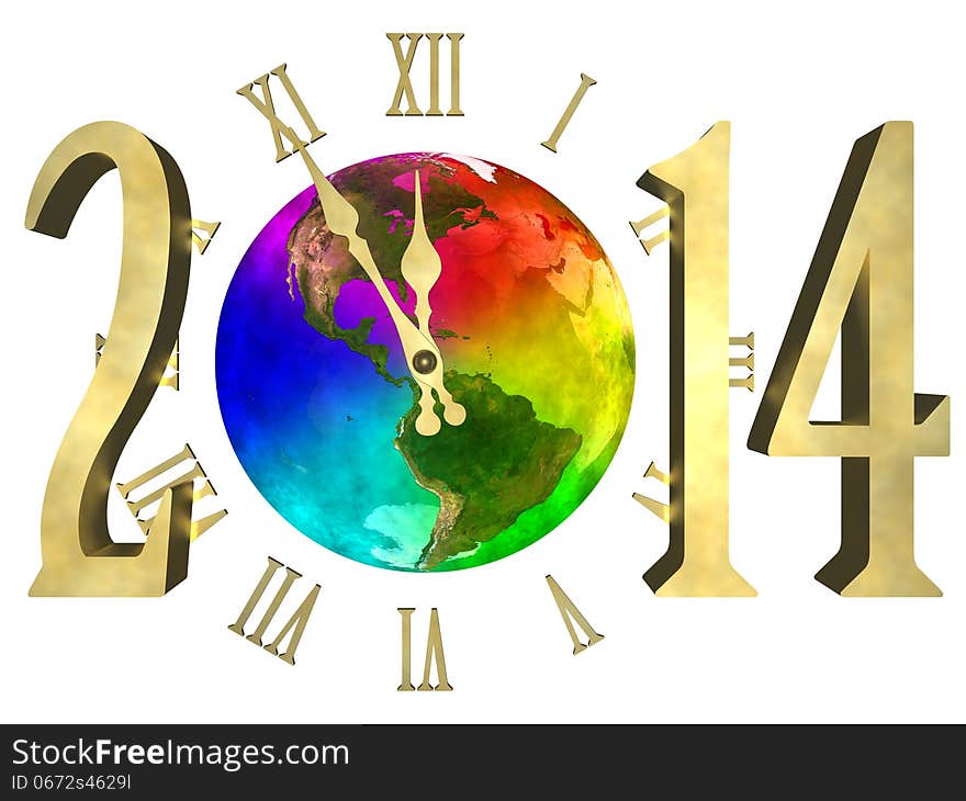 Illustration of rainbow planet Earth, cosmic clock and numbers 2014. Happy new year 2014. Isolated on white background. You can see America. Illustration of rainbow planet Earth, cosmic clock and numbers 2014. Happy new year 2014. Isolated on white background. You can see America.