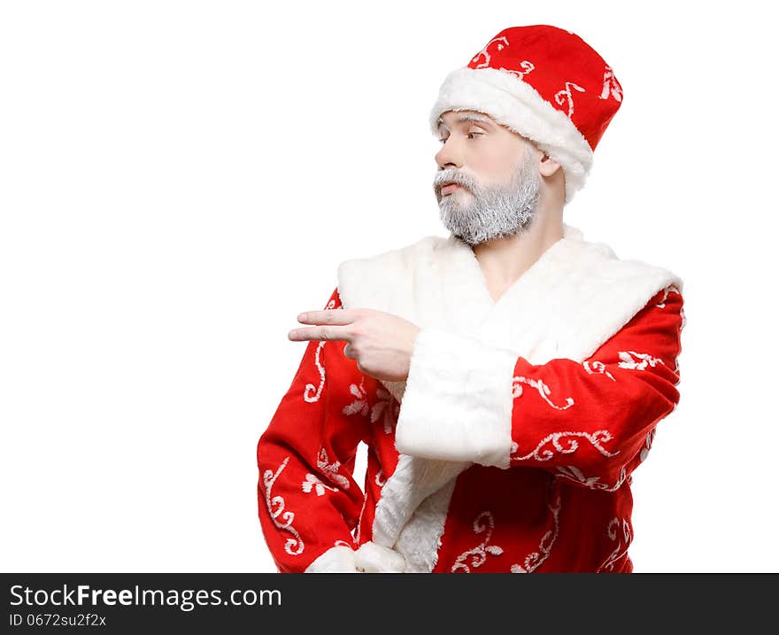 Santa Claus shows his hand to the left, a white background