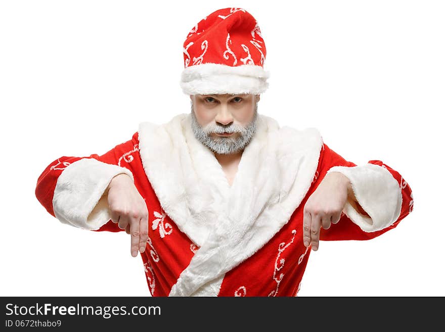 Santa Claus shows his hands down, white background