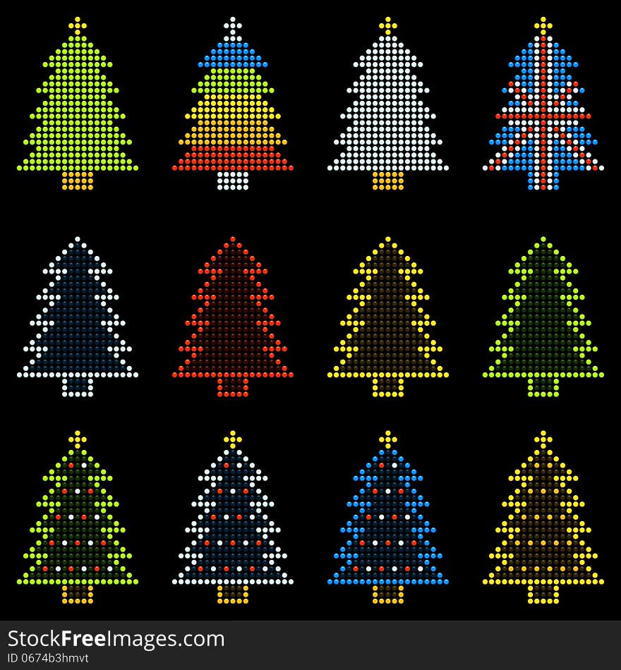 12 Christmas Trees in LED Dot Patterns. 12 Christmas Trees in LED Dot Patterns