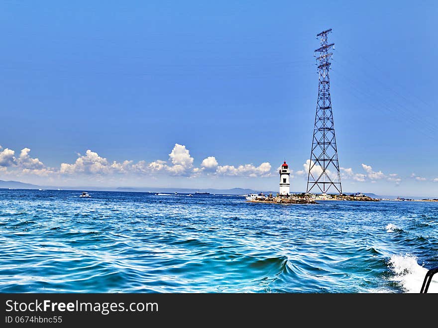 The sea beacon costs in the middle of the sea as a sign for the ships