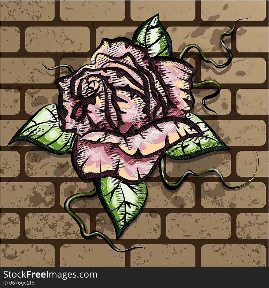 Illustration with rose growing on the brick wall drawn in tattoo style. Illustration with rose growing on the brick wall drawn in tattoo style