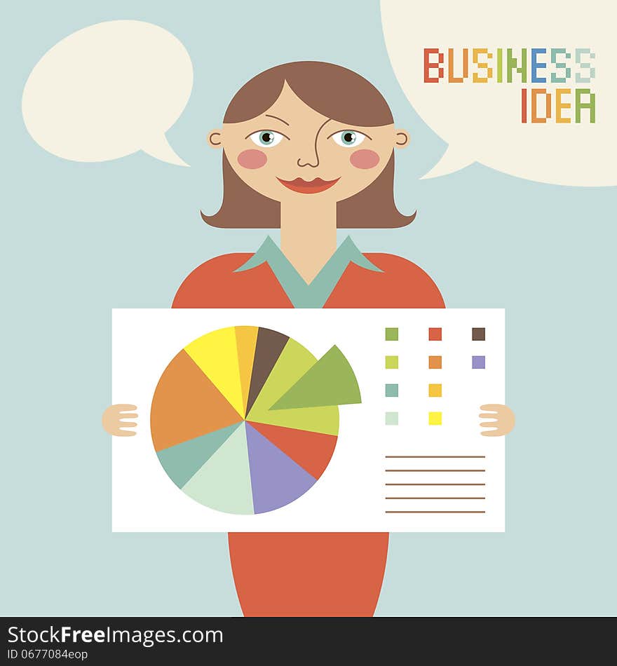 Business woman with business idea. Vector illustration.