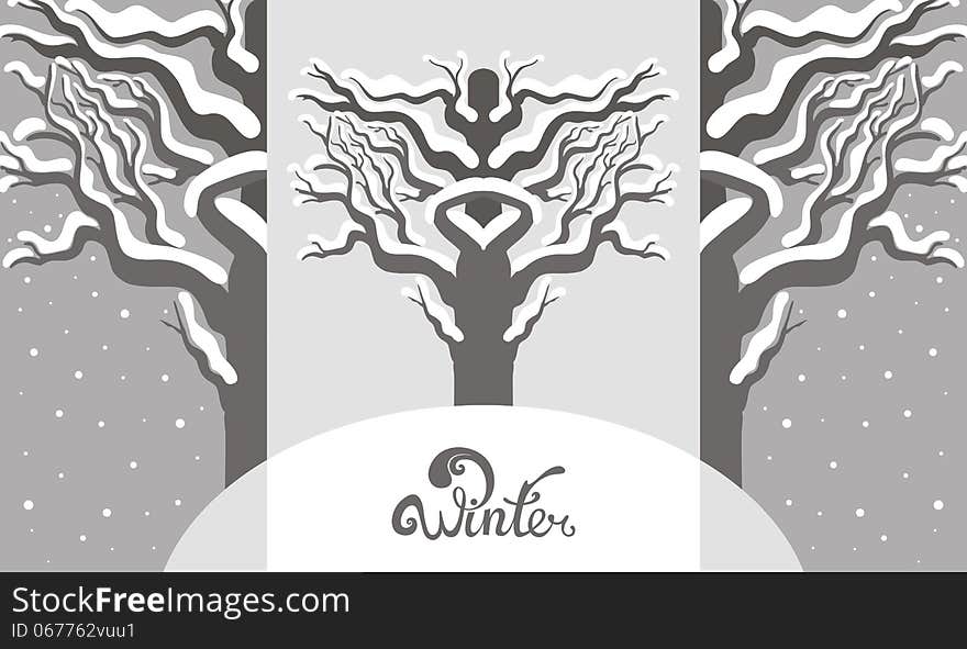 Winter silver background with symmetry trees. Vector illustration