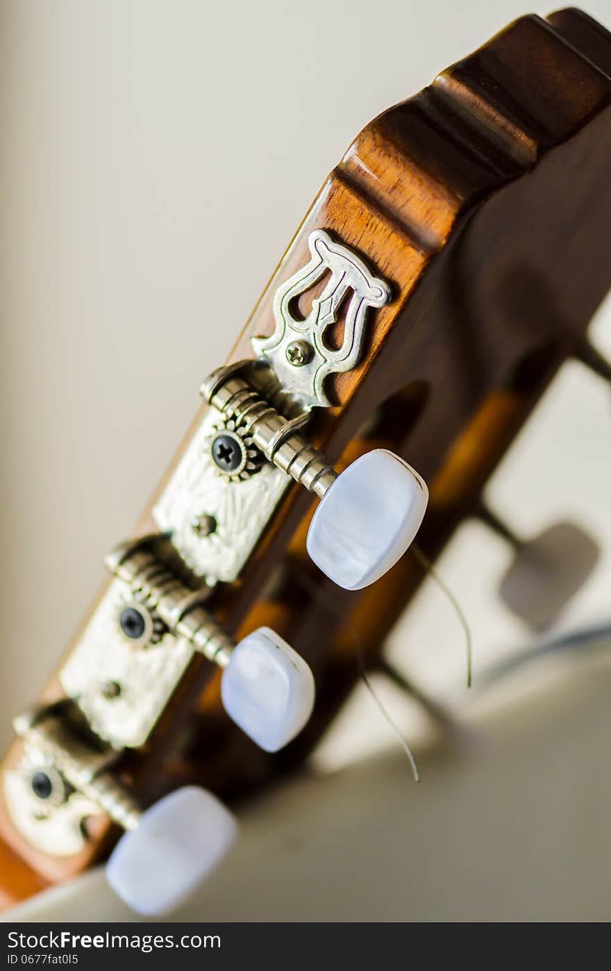 Tuning knobs on a guitar head.