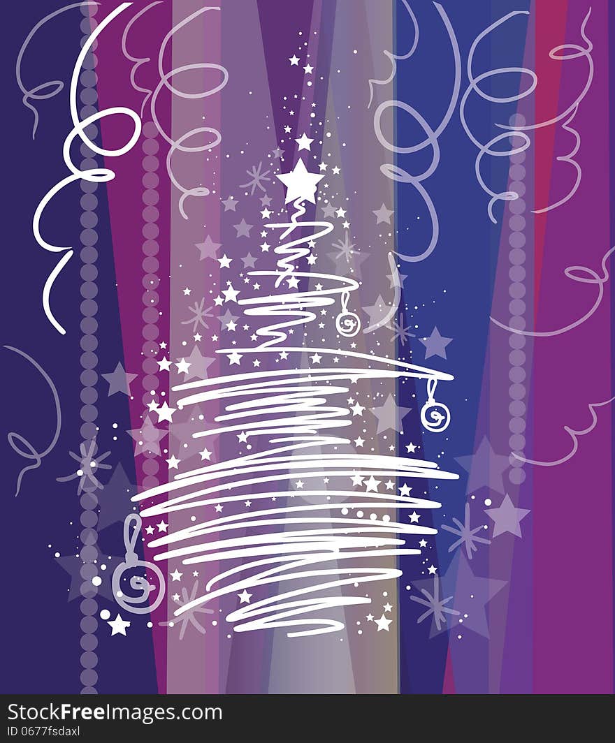 Vector graphic image with beautiful christmas tree on purple background