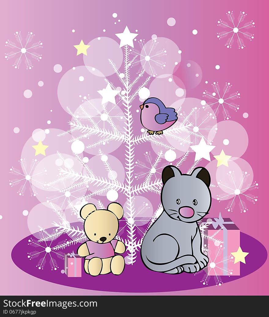 Vector graphic image with funny animals on christmas tree background. Vector graphic image with funny animals on christmas tree background