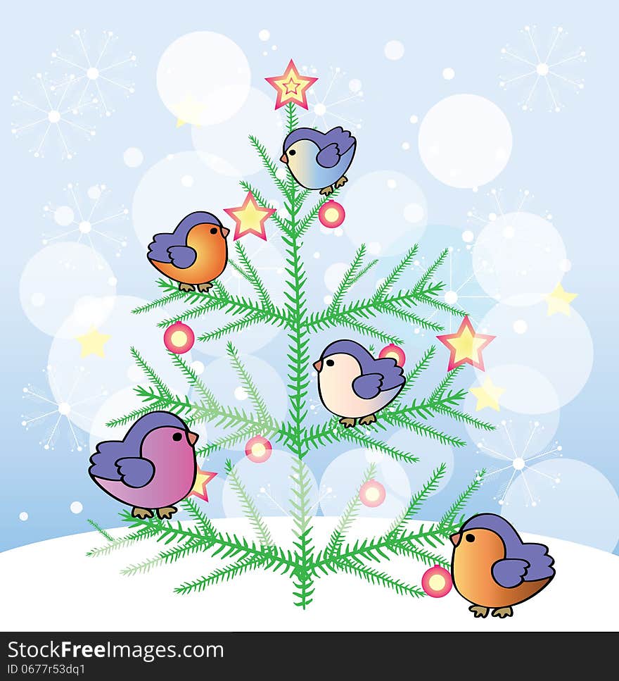 Vector graphic image with funny birds sitting on christmas tree. Vector graphic image with funny birds sitting on christmas tree