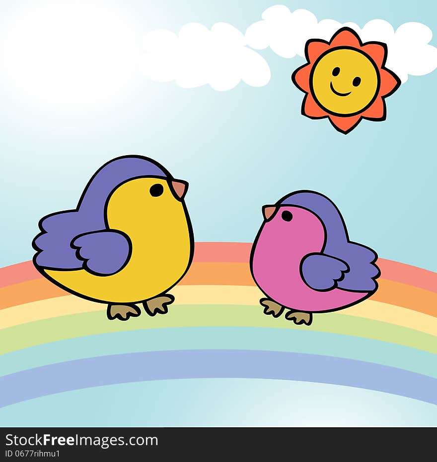 Two funny birds on rainbow