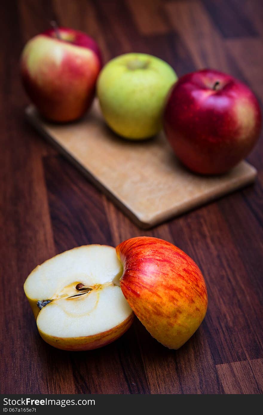 Apples on the line with knife