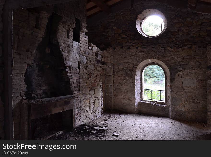 Dining room in ruins with fireside. Dining room in ruins with fireside