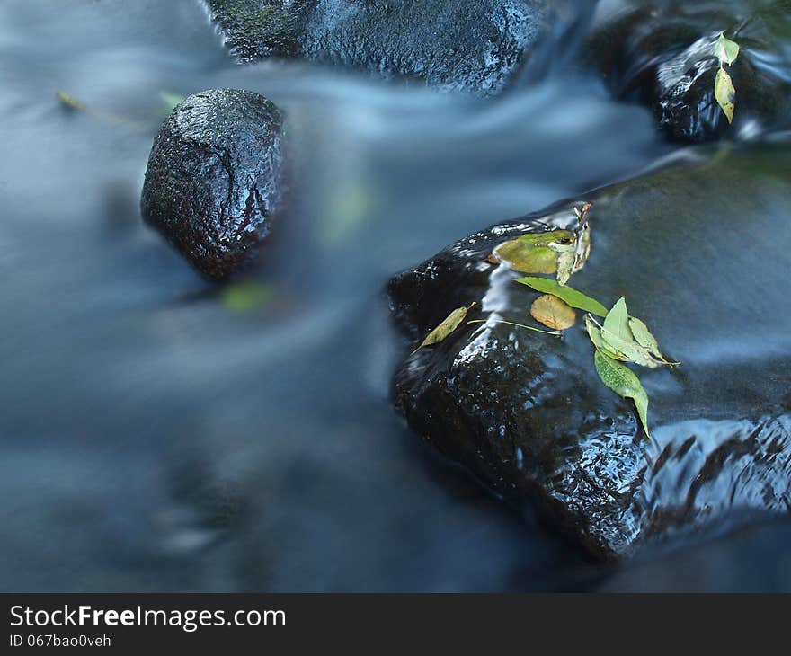 Broken twig on wet stone below increased water level. Blurred motion of blue waves around the stone.