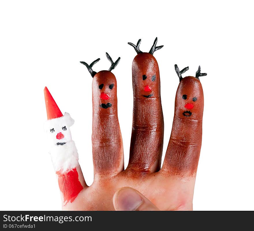 Three funny reindeer and Santa  painted on the fingers