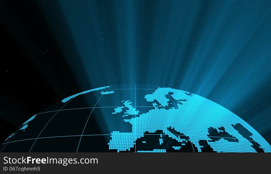 Starry sky. Stylized rotating globe. Continents emit radiance. From regions of the USA there are a table of summary reports: percents of grow of sales, percent increase in the number of customers, change of total revenue and expenses. Starry sky. Stylized rotating globe. Continents emit radiance. From regions of the USA there are a table of summary reports: percents of grow of sales, percent increase in the number of customers, change of total revenue and expenses