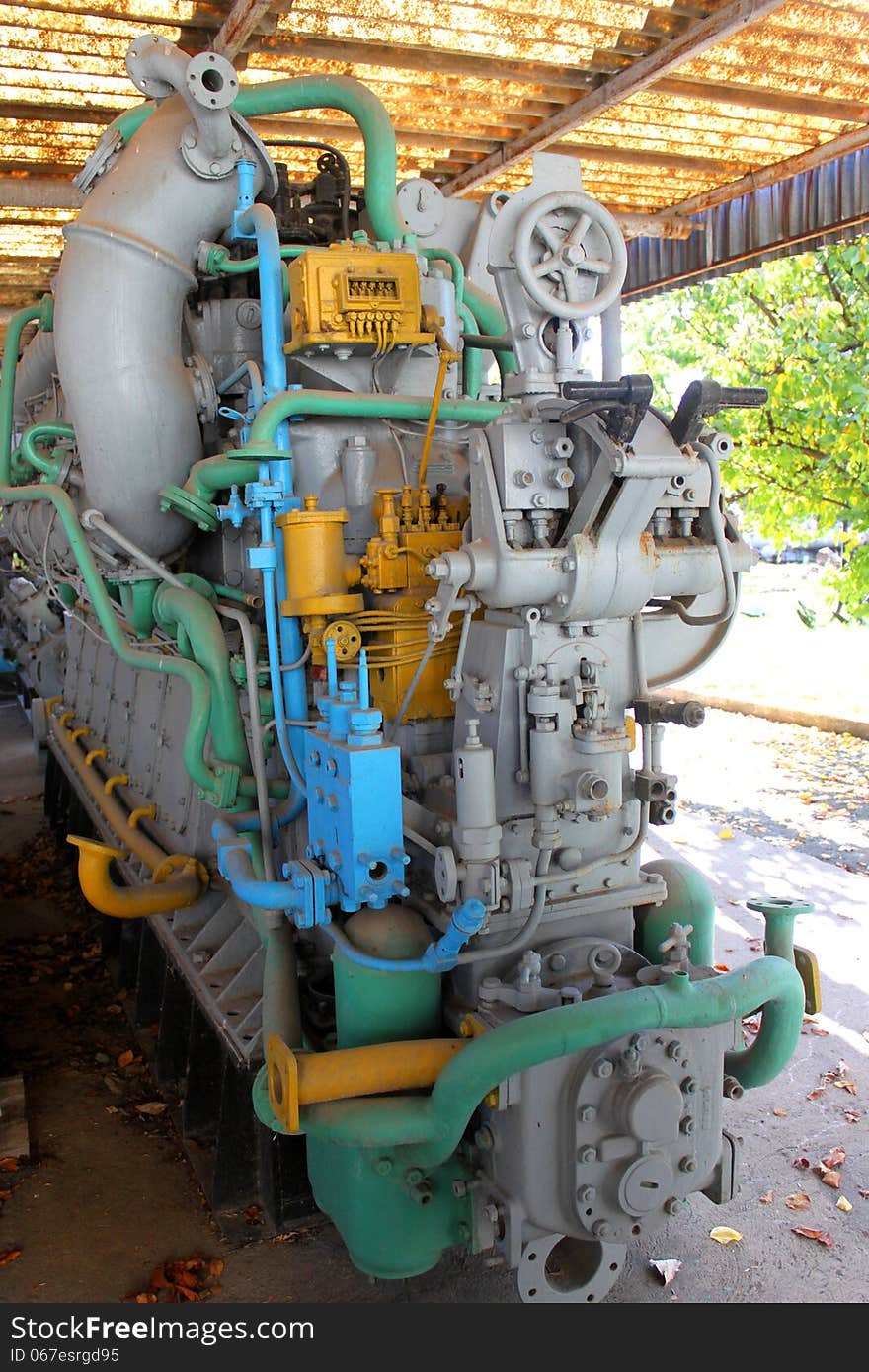 Detail of old submarine engine exposed.